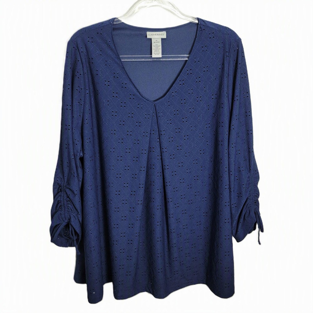 Catherines Womens 1X Blouse Blue Eyelet Ruched 3/4 Sleeve V-Neck Tunic NEW